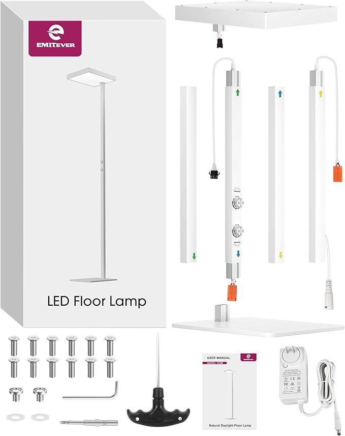 EMITEVER LED Floor Lamp, 60W Full-Spectrum Eye-Care Standing Light, 72.8” Dimmable Reading Lamp for Study Rooms, Living Rooms, Dental Offices and Conference Lighting, 4000K Natural Daylight, White-Ruum Studio Home