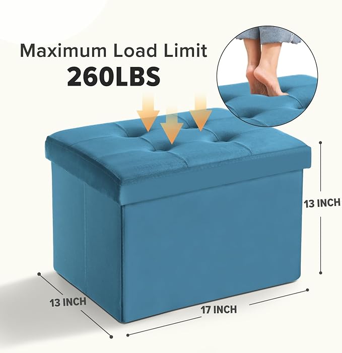 LINMAGCO Storage Ottoman Folding Foot Stool Velvet Foot Rest with Padded Modern Ottoman with Storage for Living Room Puppy Step Stool 17x13x13in(Blue)-Ruum Studio Home