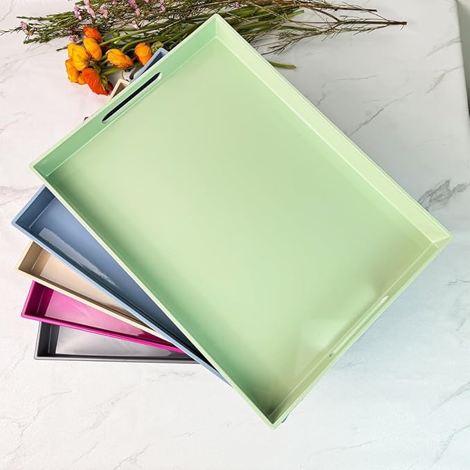 Turquoise Green Decorative Tray, Rectangular Large Serving Tray with Handles, Plastic Coffee Table Tray for Ottoman, Living Room, Kitchen Tabletop,15.7” x 11.8” x1.6”-Ruum Studio Home