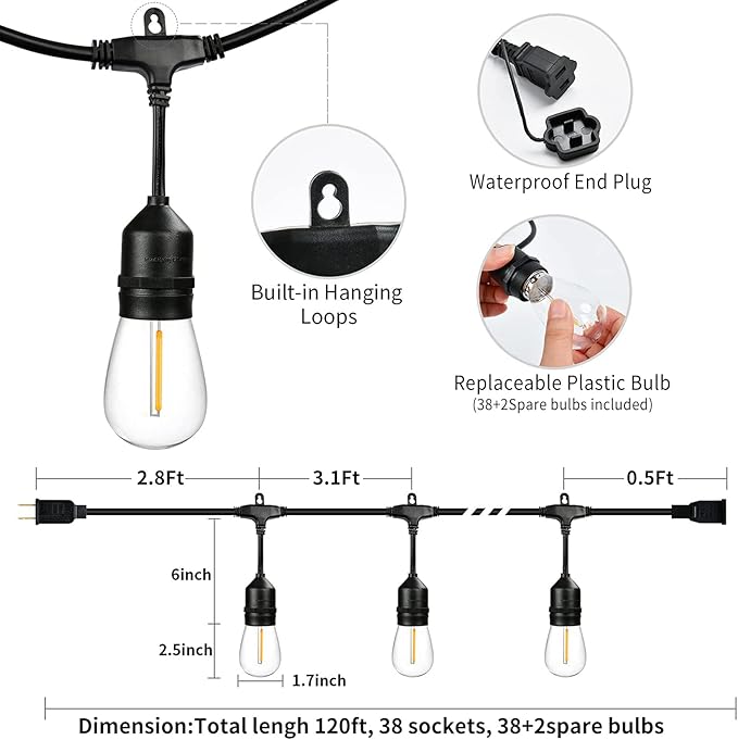 120 FT Outdoor String Lights LED Waterproof with 40 Shatterproof Plastic Warm Edison Bulbs String Bistro Lights for Patio Gazebo Pergola Market-Ruum Studio Home