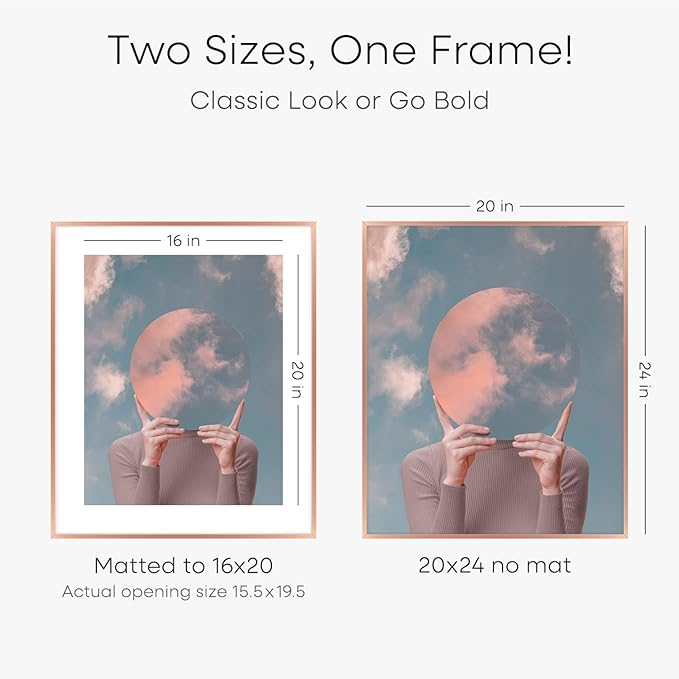Homeforia 20x24 Frame Rose Gold, High End Metal 20x24 Poster Frames with Mat 16x20 inch Photo, 20 x 24 Rose Gold Picture Frame Matted to 16 by 20 Print, 24x20 Frame, Tempered Glass, Wall Kit, Set of 1-Ruum Studio Home