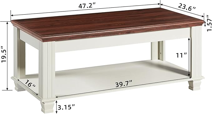 Farmhouse Coffee Tables for Living Room,Square Tea Table with Open Storage Shelf,Large Coffee Table,Rustic Wooden Center Table,White-Ruum Studio Home