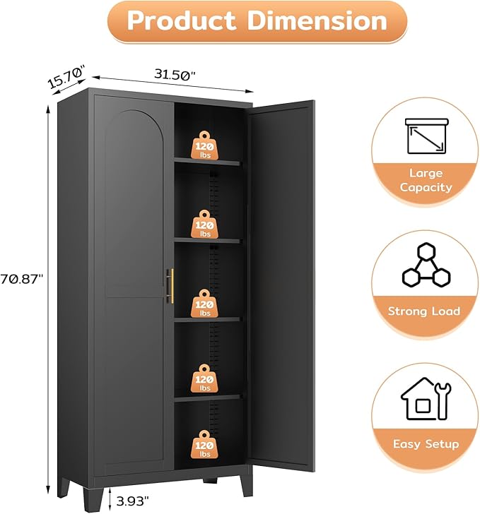 70.87" H Metal Kitchen Pantry Cabinet, Freestanding Cupboard with 2 Doors and 4 Adjustable Shelves, Tall Metal Storage Cabinet for Kitchen, Bathroom, Dinning Room or Laundry Room （Black）-Ruum Studio Home