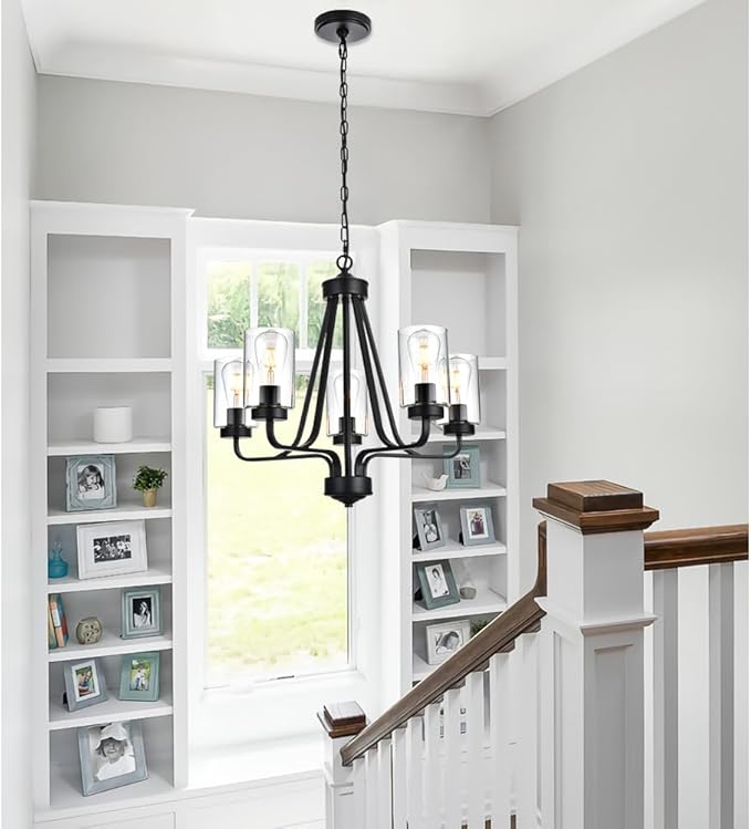 5-Lights Modern Chandelier with Clear Glass Shades, Black Farmhouse Pendant Lighting for Dining Room Kitchen Island Ceiling Light Fixture Haning Over Table-Ruum Studio Home