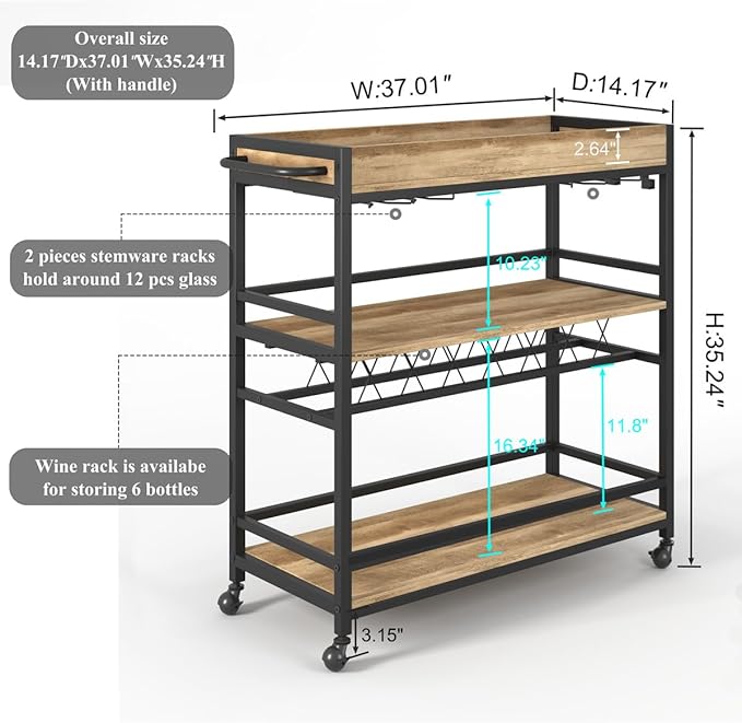 BON AUGURE Bar Cart for The Home, Bar Serving Carts on Wheels, 3 Tier Storage Drink Trolley, Rolling Wood and Metal Liquor Beverage Cart (Vintage Oak)-Ruum Studio Home