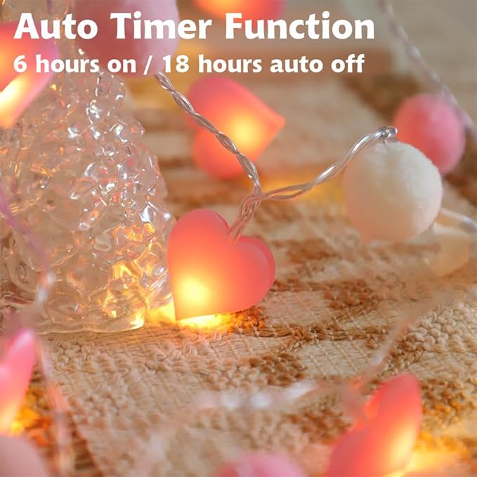 9.85Ft String Lights with 20 Pink Heart LEDs 20 Pink Pom Poms Garland Lights with Timer Valentine Decoration for Home Kid Bedroom Mother's Day Wedding Party Valentine's Day Decor-Ruum Studio Home