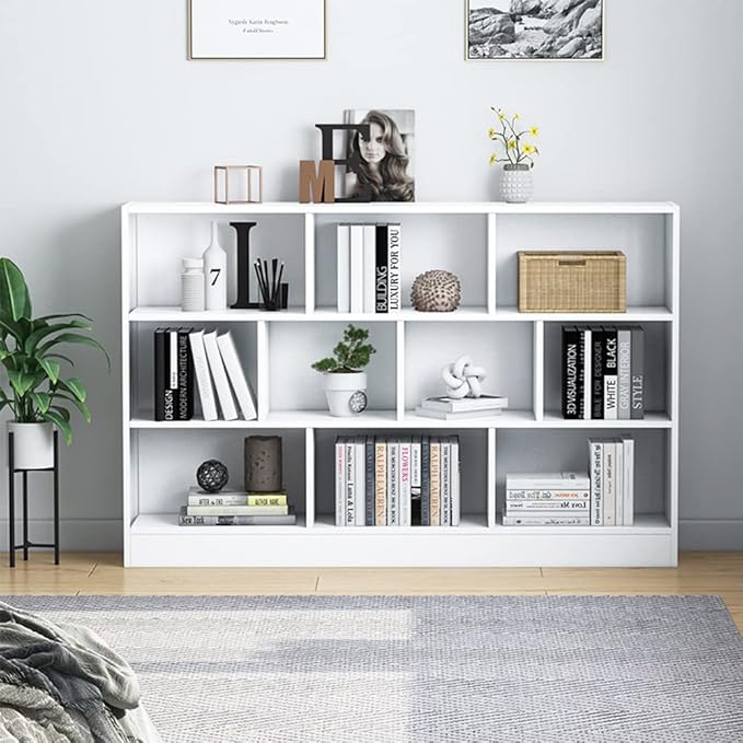 IOTXY Open Shelf Low Bookcase - Wooden 3-Tier Floor Standing Display Cabinet Organizer with Base, 10 Cubes Short Horizontal Bookshelf in Warm White-Ruum Studio Home