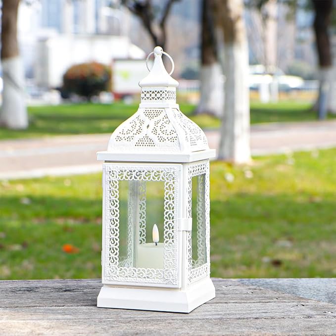 TRIROCKS Rustic Style Metal Candle Lantern 13'' High Decorative Outdoor Lantern Candle Holder with Tempered Glass for Thanksgiving Christmas Living Room Garden Patio Parties Indoors Outdoors (Cream)-Ruum Studio Home