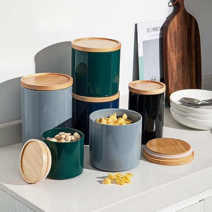 Sweejar Kitchen Canisters Ceramic Food Storage Jar, Stackable Containers with Airtight Seal Wooden Lid for Serving Coffee Bean, Flour, Tea, Spice and More - 39 Fl Oz (Jade)-Ruum Studio Home