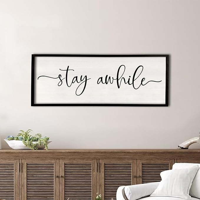 Stay Awhile Sign Wall Decor 32"X12" Large Solid Wood Frame For Hallway Living Room Entryway Farmhouse Wall Art Lets Stay Family Home Rustic Hanging Decoration (Black)-Ruum Studio Home