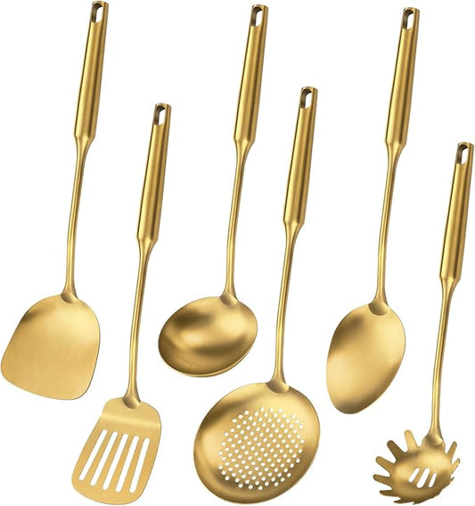 304 Stainless Steel Cooking Utensil,Kitchen Kitchen Utensil with Spatula, Solid Spoon, Ladle, Skimmer, Spaghetti Spoon, 6 Piece Set, Dishwasher Safe(Gold)-Ruum Studio Home