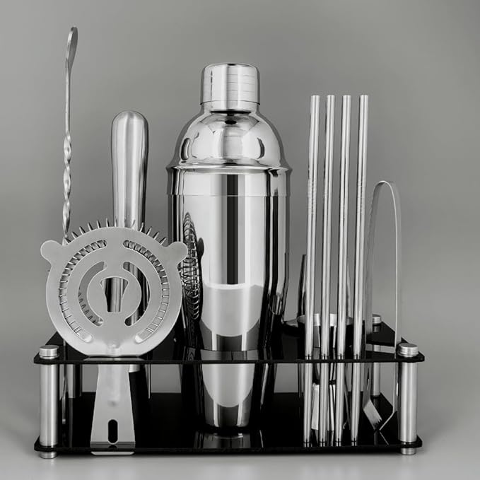 14-Piece Cocktail Shaker Set Bartender Kit with Black Stand, Bar Tool Set for Drink Mixing Bartending Kit Bar Sets Accessories: 750ml(25oz) Shaker, Jigger, Muddler, Cocktail Recipes (Silver)-Ruum Studio Home