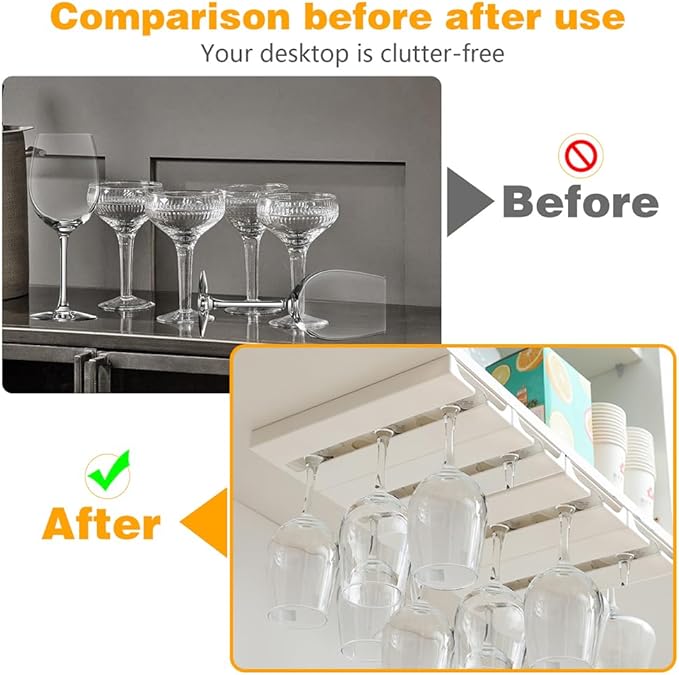 Wine Glass Holder Under Shelf or Cabinet Punch-free,Wine Glass Rack Stemware Rack Glassware Drying Storage Hanger for Kitchen,Bar and Restaurant (White)-Ruum Studio Home