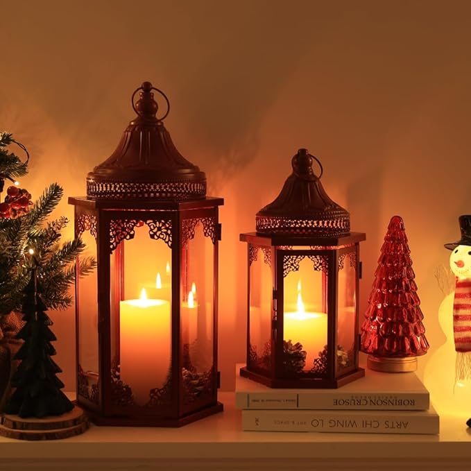 NEEDOMO Christmas Decorations Set of 2, 22''/15'' Christmas Lantern with Glass Panels for Home Decor, Decorative Hanging Lantern Indoor Outdoor for Xmas Table Centerpieces, Porch, Patio(Red)-Ruum Studio Home