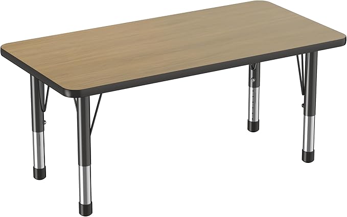Factory Direct Partners FDP Rectangle (24 x 48 inch) Classroom Table with Adjustable Chunky Toddler Legs (15-24 in); Preschool, Kinder and Daycare Furniture - Pasadena Oak Top/Black Edge and Legs-Ruum Studio Home