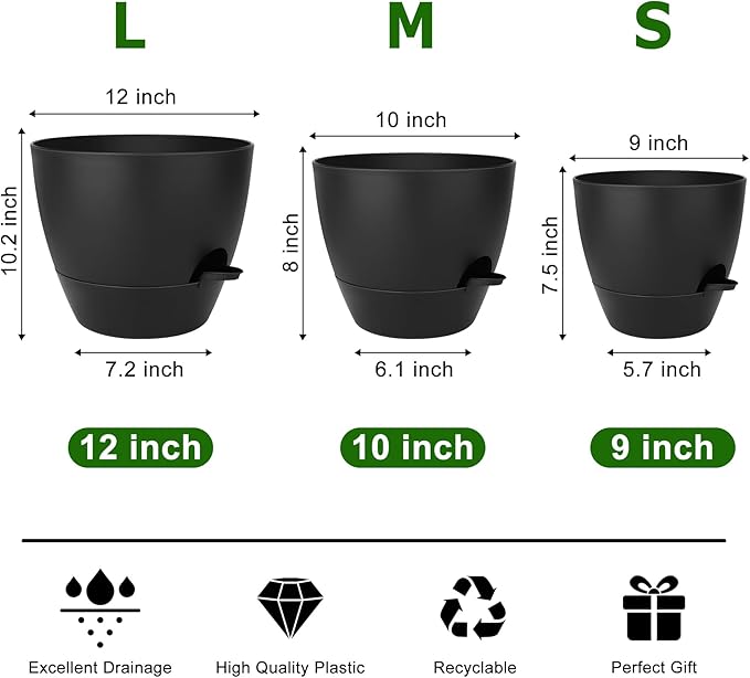 Plant Pots 12/10/9 Inch Self Watering Pots, Set of 3 Plastic Planters with Drainage Holes and Saucers,Plastic Flower Pots,Nursery Planting Pot for Indoor Out Door Plants(Pure Black)-Ruum Studio Home