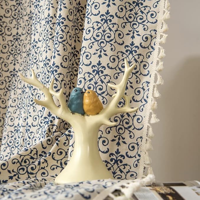 Sutuo Home Boho Curtain 84 Inches Length Semi-Blackout Bohemian Damask Moroccan Florals Print Darkening Curtains Tassels, Rod Pocket Window Treatment Drapes for Bedroom, 1 Panel 59" W x 84" L, Blue-Ruum Studio Home