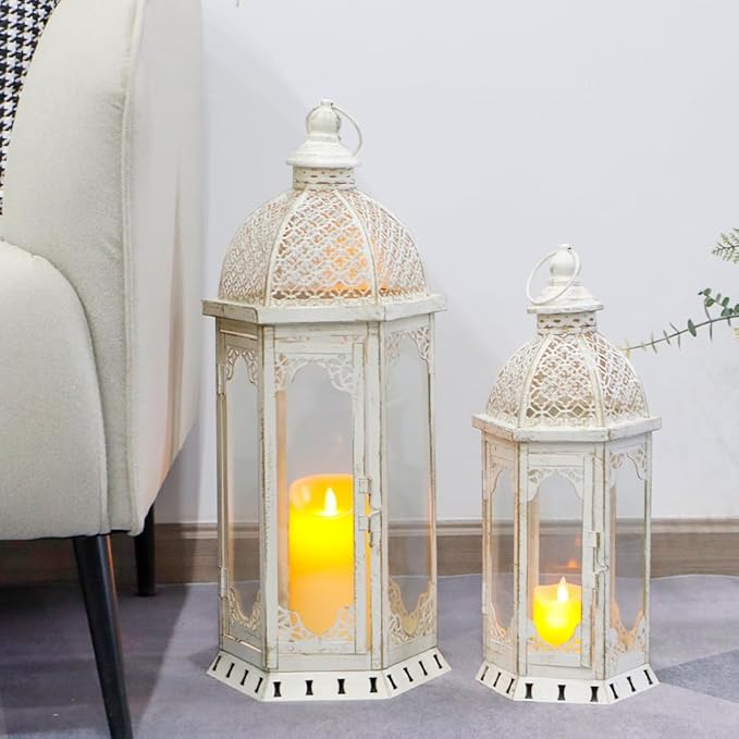 JHY DESIGN Set of 2 Decorative Candle Lanterns 22"&17" H Outdoor Vintage Metal Candle Holder for Garden Living Room Indoor Parties Weddings Patio Home Decor(White with Gold Brush)-Ruum Studio Home