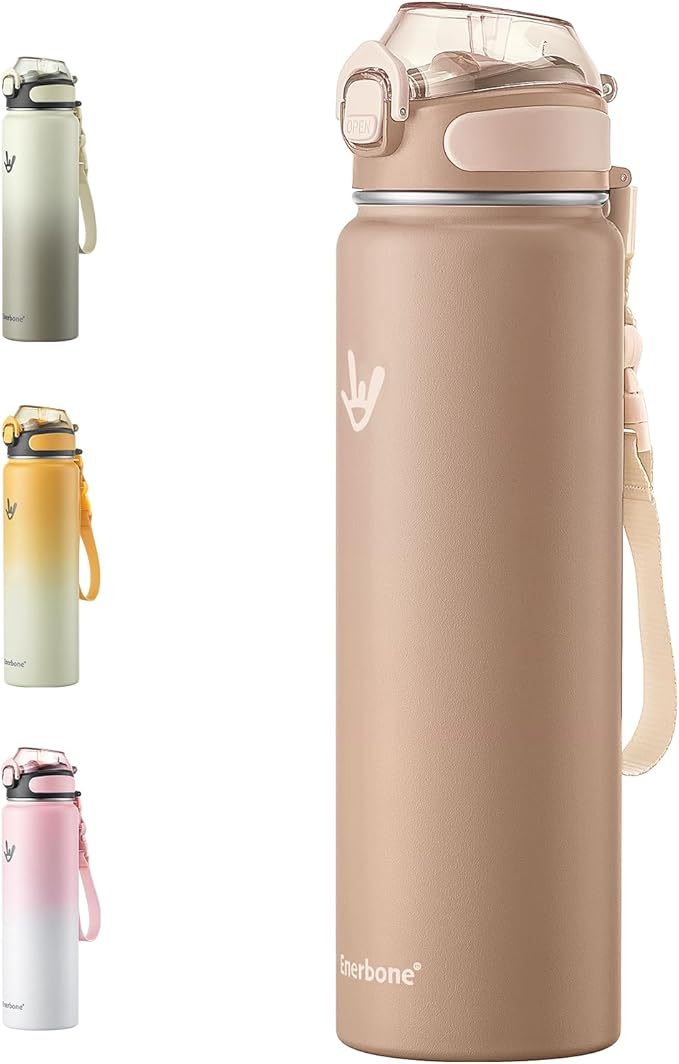 Enerbone 32 oz Insulated Water Bottle, Stainless Steel Bottle with Carrying Strap, Double-Wall Vacuum Insulation Design, Leakproof Sports Bottle with Straw, Keep Drinks Cold or Hot for Hours-Ruum Studio Home