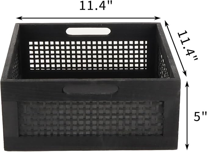YRMT Wood Storage Crate Basket Rustic Wooden Storage Container for Organizing Decorative Bamboo Box with Handles for Pantry, Shelves Organizer 11.4" x 11.4" x 5" (Black)-Ruum Studio Home