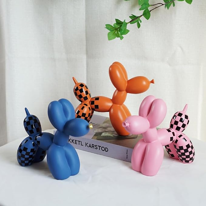 Vilead Resin Balloon Dog Statue with Checkered Pattern,Modern Home Decoration Trendy Animal Art Ornaments,Collection Figurine Bedroom Living Room Office Desktop Sculpture-Ruum Studio Home