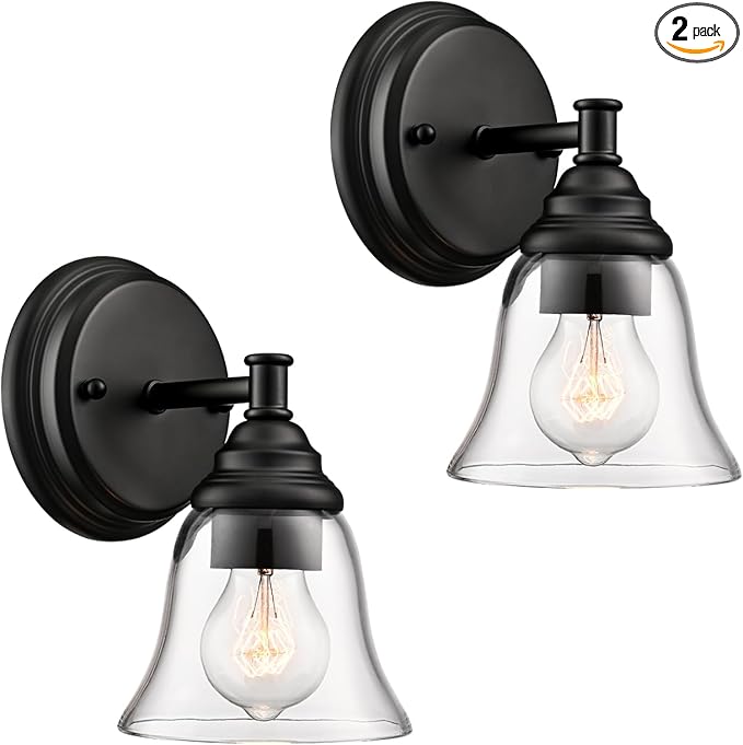 Moder 1-Light Black Wall Sconce Clear Glass Bell Shape Light Fixtures for Farmhouse, Bathroom, Living Room, Stairway Set of 2-Ruum Studio Home