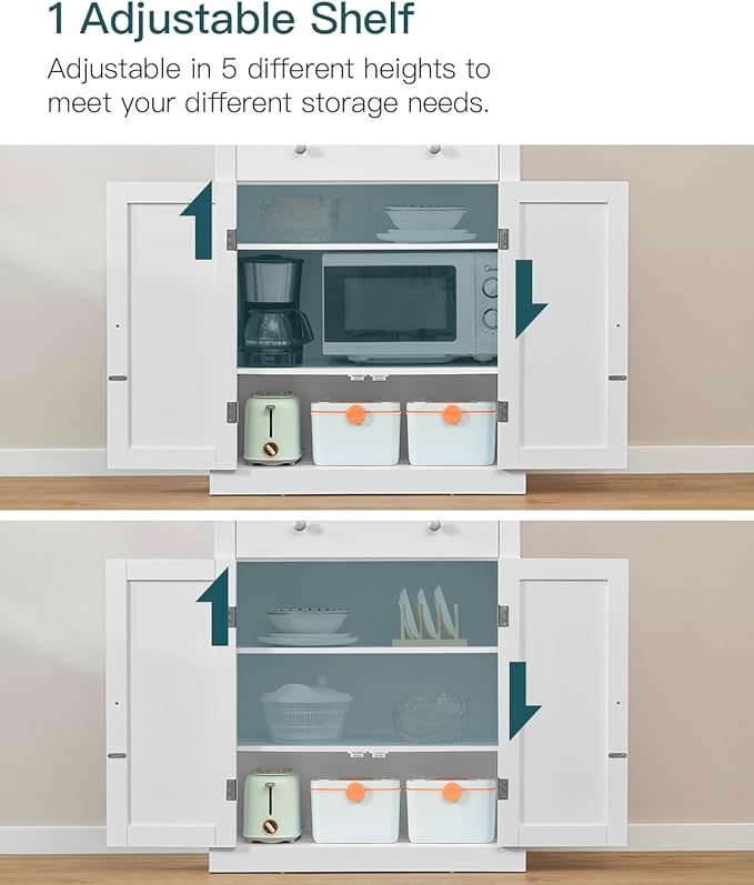 usikey 72” Pantry Cabinet, Tall Kitchen Storage Cabinet with 4 Doors and 1 Drawer, Cupboard with 6 Hanging Shelves and Adjustable Shelves for Kitchen, Dining Room, Living Room, White-Ruum Studio Home