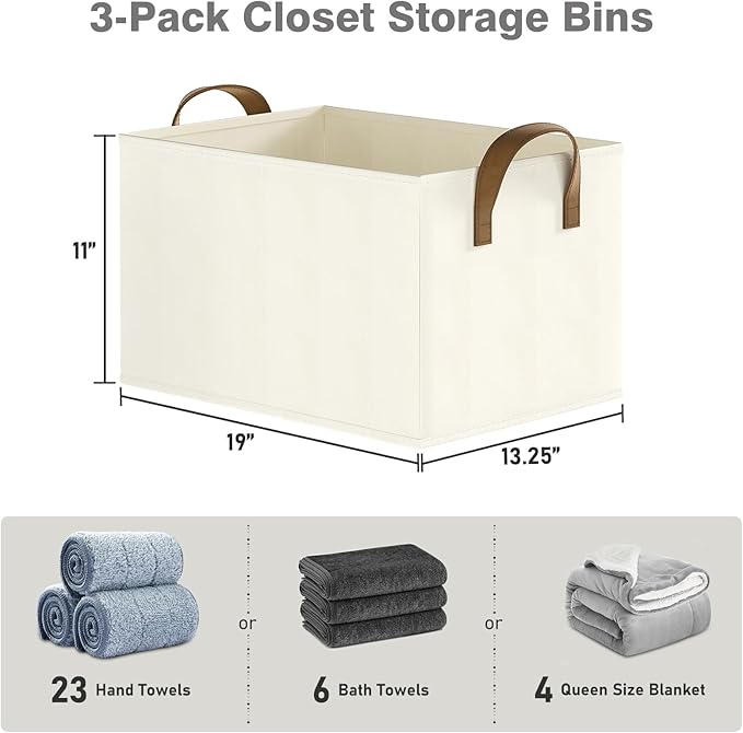 Closet Storage Bins, Fabric Closet Organizers and Storage Basket for Shelves, Collapsible Shelf Baskets for Organizing Shelves, Bedroom Clothes Basket, Beige, 3 Pack-Ruum Studio Home