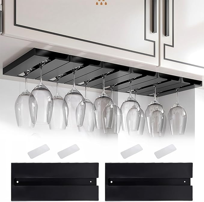 2Pcs Wine Glass Holder，Stemware Rack Plastic Punch-free Hanging Under Cabinet for Bar,Kitchen and Restaurant (black)-Ruum Studio Home