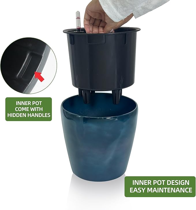 Dexceder 11x10 Inches Self Watering Planter Indoor Outdoor, Inner Pot Design, Thickened Table Flower Plant Pot with Water Level Indicator (Grayish Green Gradient)-Ruum Studio Home