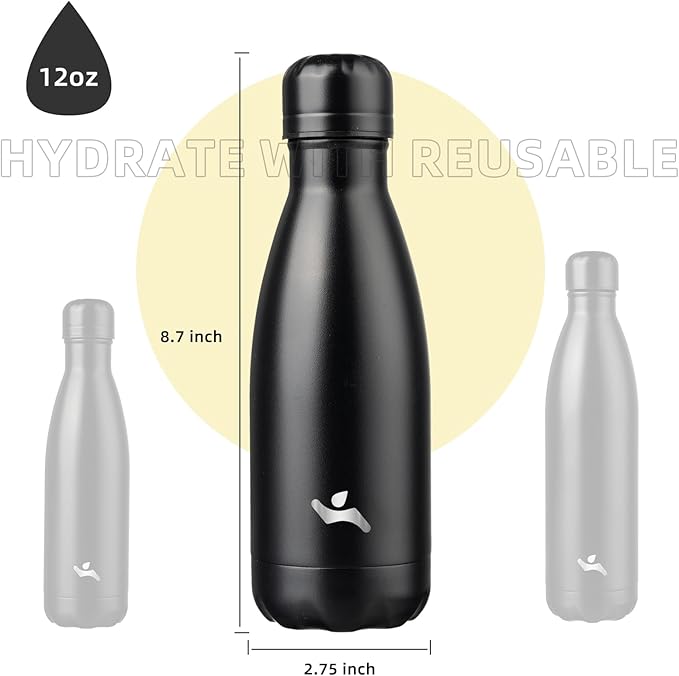 Insulated Water Bottles,12 oz Double Wall Stainless Steel Vacumm Metal Flask for Sports Travel,Midnight Black-Ruum Studio Home