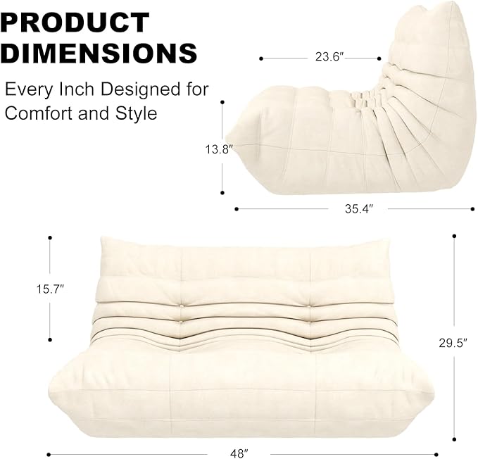 Full Foam Loveseat Sofa,Adults Bean Bag Chairs Floor Couch with Soft Waterproof Fabric,Armless Fireside Lounge Chair for Living Room,Apartment and Office (Whtie)-Ruum Studio Home