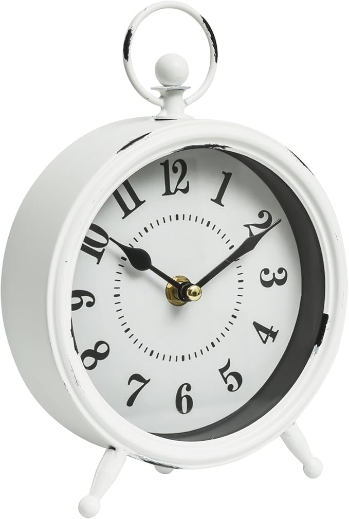 Small white table clock Vintage Rustic White Table Clock on Stand, Decorative Desk and Shelf Clock Farmhouse Mantel Clock Rustic Non-Ticking Clock-Ruum Studio Home