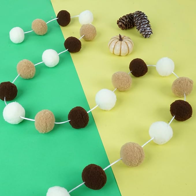 TBD Decor 2pk Pom Pom Garland 13FT Colorful Large Felt Ball Garland Fall Decoration for Mantle,Indoor Holiday Wedding Birthday Party Supplies(White Brown,4cm)-Ruum Studio Home