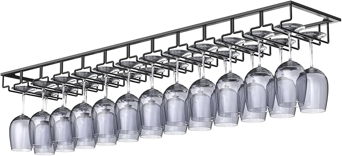 Xverycan Wine Glass Rack Under Cabinet, 12 Row Extreme Large Stemware Hanger, Metal Wine Goblet Holder, DIY Bar Glass Storage Rack for Bar Counter, Kitchen, Screws Included-Ruum Studio Home