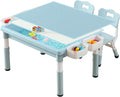 Multi Functional Kids Table and 2 Chairs Set, Graffiti & Building Blocks Double-Sided Tabletop, Toddler Play Table with Drawers, Large Storage Space, Gift for Boys/Girls, Blue-Ruum Studio Home