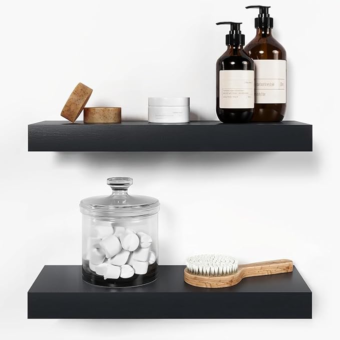 Homeforia Black Floating Shelf 18 inch, High End Solid Real Wood 18inch Bathroom Floating Shelves for Wall Mounted, Black Wooden 18in Floating Shelves, Heavy Duty Bracket, 18 X 6.5 X 1.75 in, Set of 4-Ruum Studio Home