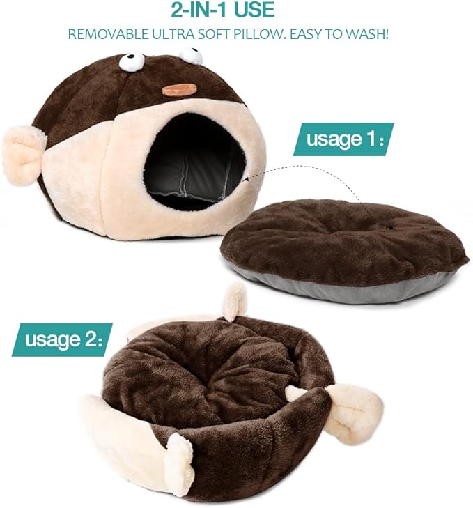 Cat Beds for Indoor Cats - Cat Bed Cave with Removable Washable Cushioned Pillow, Soft Plush Premium Cotton No Deformation Pet Bed, Lively Pufferfish Cat House Design, Brown, Multiple Sizes(L)-Ruum Studio Home