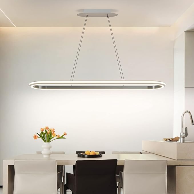 Island Lights, Linear Pendant Light LED Dimmable Hanging Light Fixture, 3000K-6000K with Remote Control,Chandeliers for Dining Room‎(Silver,43.3IN)-Ruum Studio Home