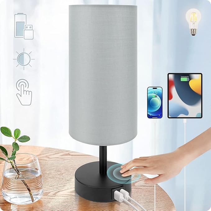 Yarra-Decor Bedside Lamp with USB Port - Touch Control Table Lamp for Bedroom 3 Way Dimmable Nightstand Lamp with Round Grey Fabric Shade for Living Room, Dorm, Home Office (LED Bulb Included)-Ruum Studio Home
