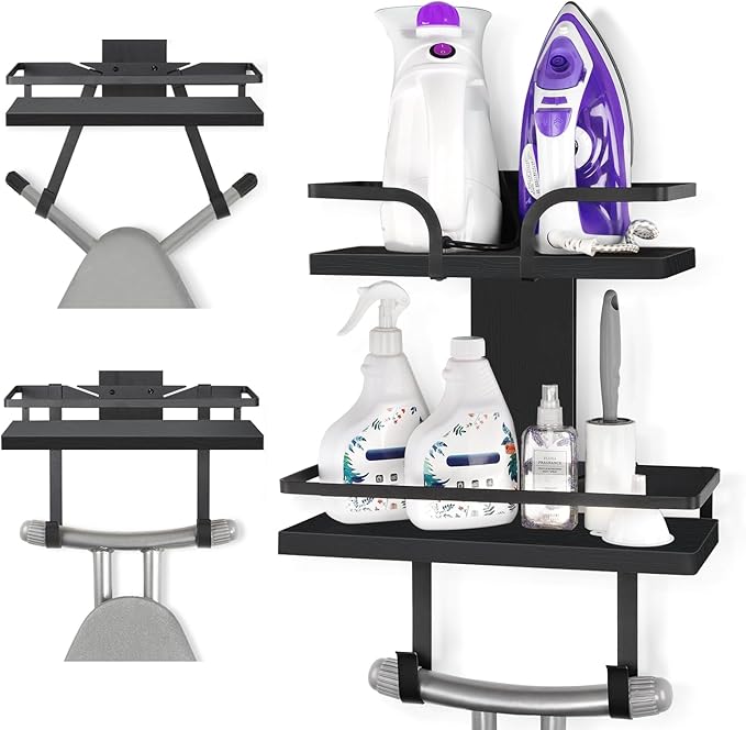 VINAEMO Ironing Board Hanger Wall Mount, 2-Layer Iron and Ironing Board Holder, Laundry Room Shelves Solid Wood with Removable Hooks Home Organization and Storage-Ruum Studio Home