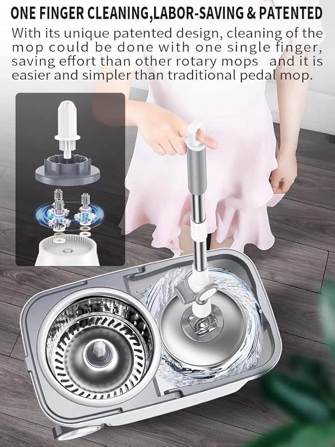 Spin Mop Bucket Deluxe 360 Spinning Floor Cleaning System with 6 Microfiber Replacement Head Refills,62" Extended Handle,4X Wheel for Home Cleaning-Ruum Studio Home