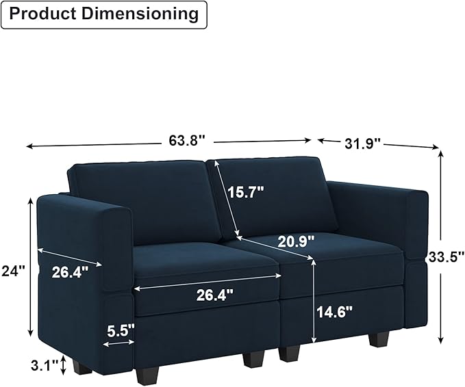 Belffin Modular Loveseat Sofa Couch with Storage Seats Velvet 2 Seater Love Seats for Small Spaces Blue-Ruum Studio Home