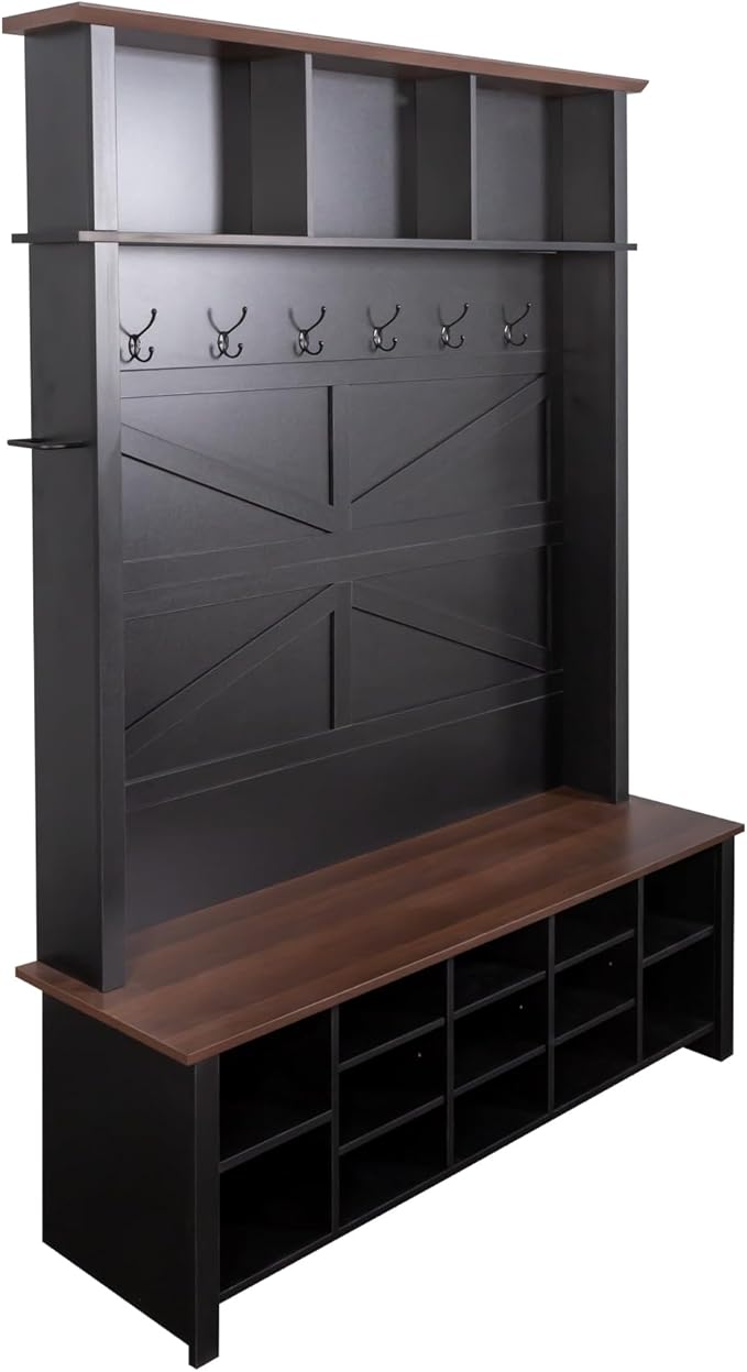 Ball & Cast 4-in-1 Hall Tree with 6 Hooks,Walnut Entryway Bench with Adjustable Shelves,Rustic Shoe Organizer with 16 Open Compartments,for Mudroom,Living Room,Hallway,Black-Ruum Studio Home