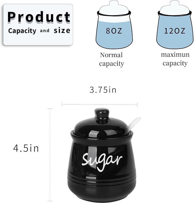 HAOTOP 12oz Sugar Bowl with Lid and Spoon,Ceramic Sugar Jar Sugar Dispenser Sugar Container Coffee Bar Accessories, Kitchen Countertop Canisters, Black-Ruum Studio Home