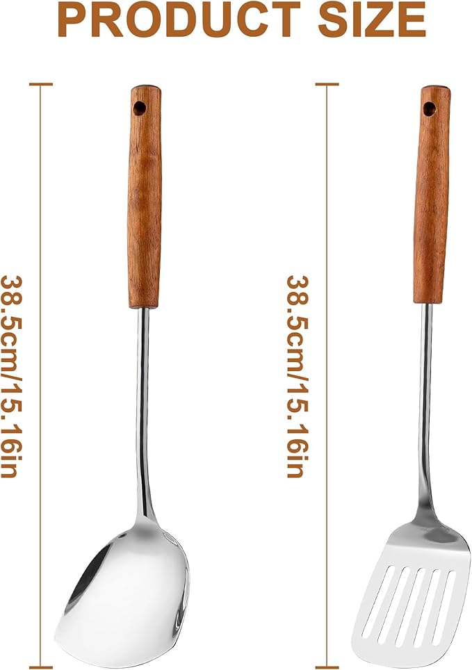 FJNATINH Spatulas and Turner Set - Stainless Steel Wok Tools, Wok Utensil,Stainless Steel Cooking Utensils 14.6-15.2" Kitchen Utensils Cookware (Wood Handle-Spatulas 2PCS)-Ruum Studio Home
