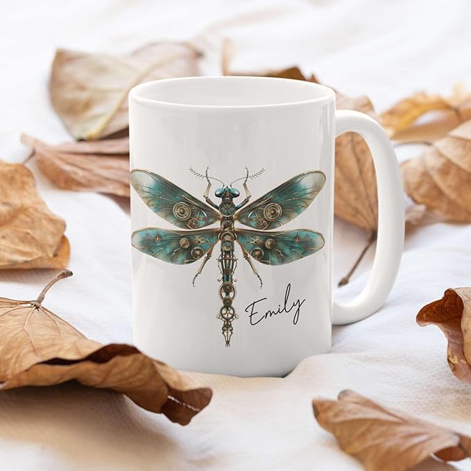 Personalized Steampunk Dragonfly Mug, Customized Name Coffee Cup 11oz, Custom Unique Dragonfly Ceramic Cup, Dragonfly Lovers White Cup, Steampunk Themed Decorative Mug, Kid Cup-Ruum Studio Home
