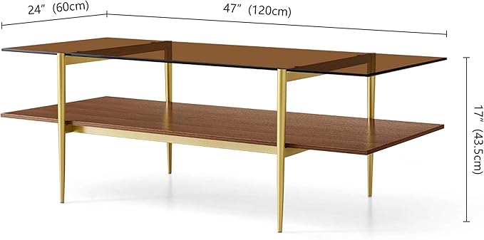 Extra Large Rectangle Glass Coffee Table, Mid-Century Modern Design for Living Room, L47 x W24 x H17, Amber Glass Top and Walnut MDF Shelf, Sleek Conical Metal Legs with Gold Finish-Ruum Studio Home