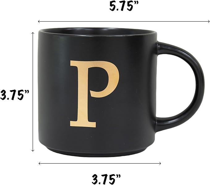 COLLECTIVE HOME - Monogram Ceramic Mugs, 15 oz Golden Initial Black Coffee Cups, Elegant Alphabet Tea Mugs, Elegant Personalized Mug with Gift Box, Unique Mug with Double Side Capital Lette (P)-Ruum Studio Home