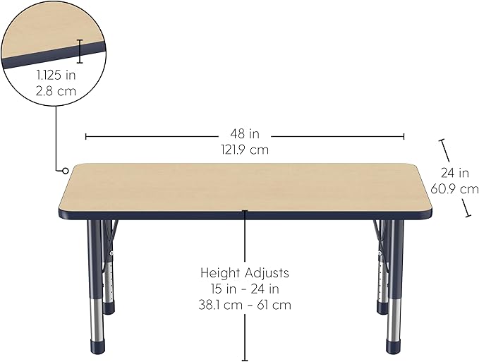 FDP Rectangle Activity School and Kids Classroom Table (24 x 48 inch), Toddler Legs, Adjustable Height 15-24 inches - Maple Top and Navy Edge-Ruum Studio Home
